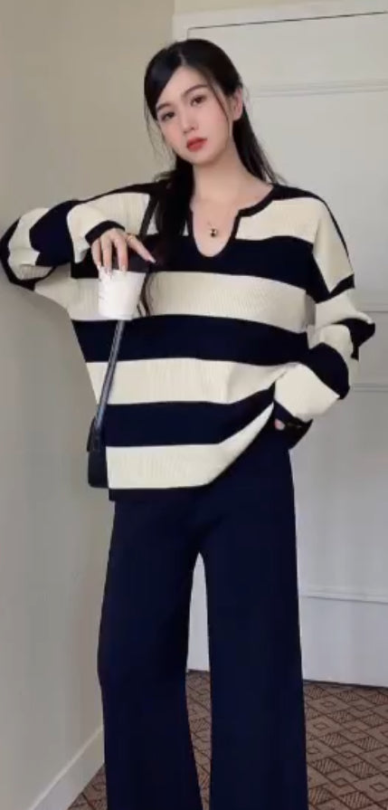 Winter Knitted Comfortable Strip Loose Co-Ord Sets